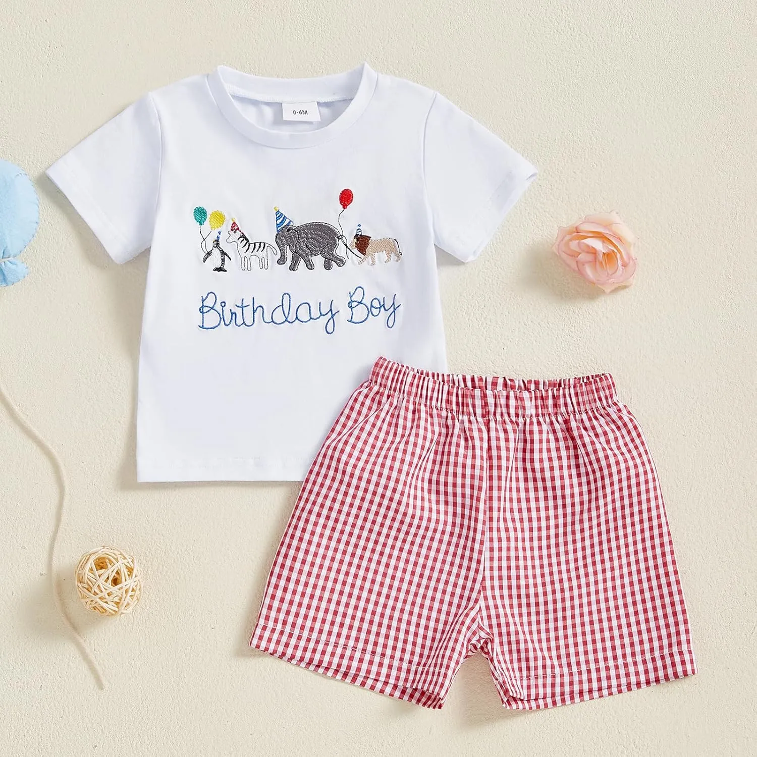 Toddler Baby Boy Birthday Outfit Letter Animals Balloon Embroidery Short Sleeve T-Shirt and Gingham Plaid Shorts Set