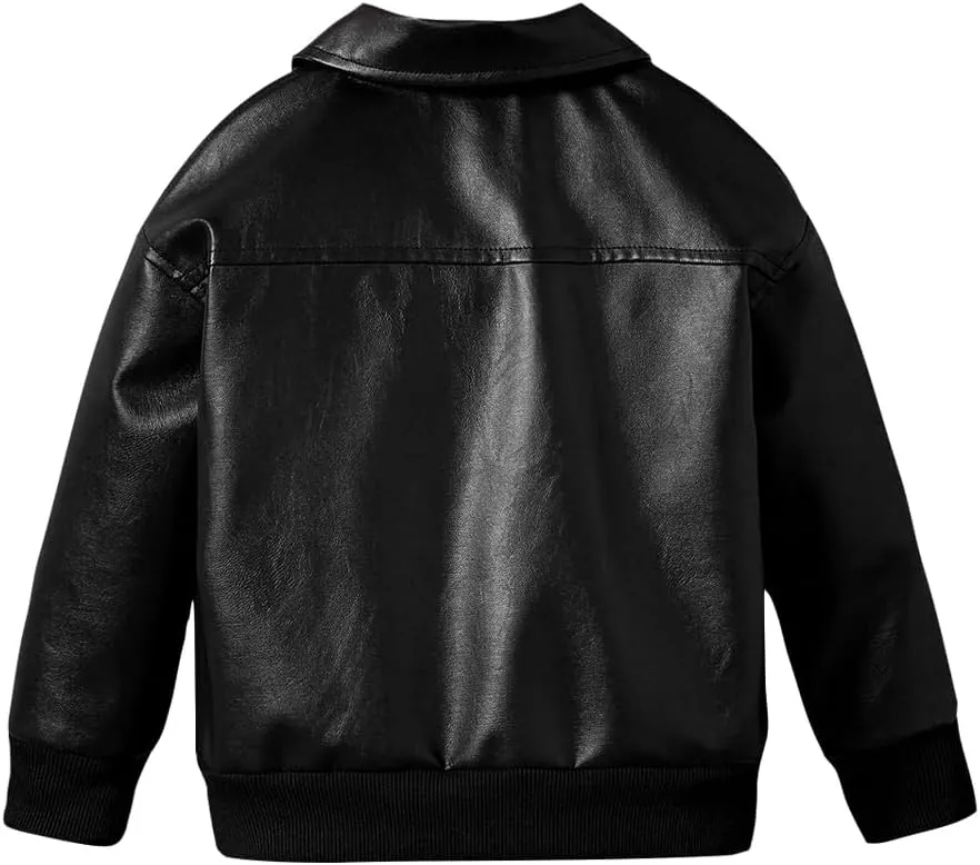 Toddler Boy Leather Jacket - Stylish Black Drop Shoulder Zip Up Leather Coat - Cool Boys Outwear Tops for Kids