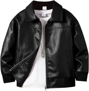 Toddler Boy Leather Jacket - Stylish Black Drop Shoulder Zip Up Leather Coat - Cool Boys Outwear Tops for Kids