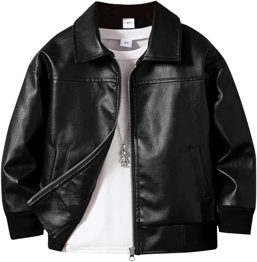 Toddler Boy Leather Jacket - Stylish Black Drop Shoulder Zip Up Leather Coat - Cool Boys Outwear Tops for Kids