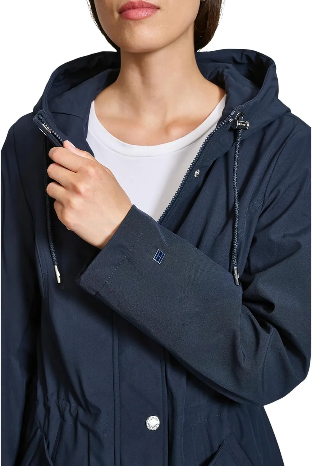 Tommy Hilfiger Womens Hooded Transitional Adjustable Waist Softshell Rain Coat