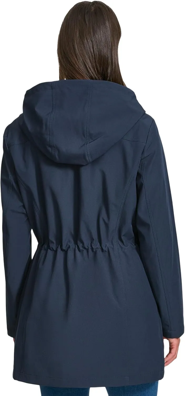 Tommy Hilfiger Womens Hooded Transitional Adjustable Waist Softshell Rain Coat