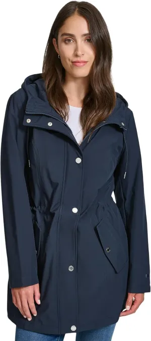 Tommy Hilfiger Womens Hooded Transitional Adjustable Waist Softshell Rain Coat
