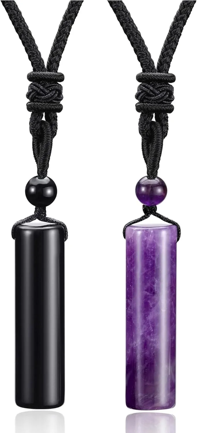Top Plaza 2 Pcs Healing Crystal Stone Necklaces for Men Amulet Protection Cylindrical Pendant Necklace Adjustable Braided Natural Quartz Gemstone Necklace Jewelry