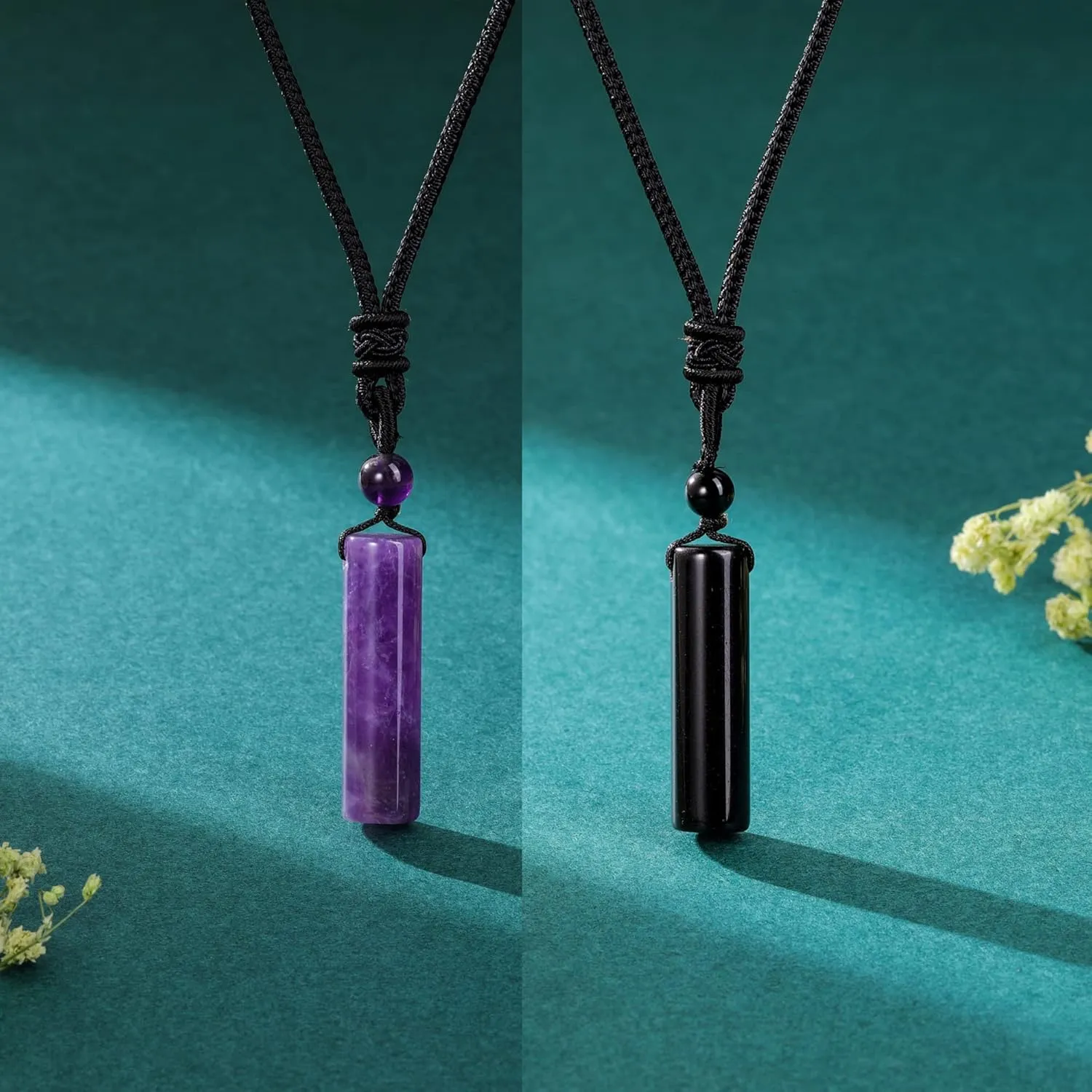 Top Plaza 2 Pcs Healing Crystal Stone Necklaces for Men Amulet Protection Cylindrical Pendant Necklace Adjustable Braided Natural Quartz Gemstone Necklace Jewelry