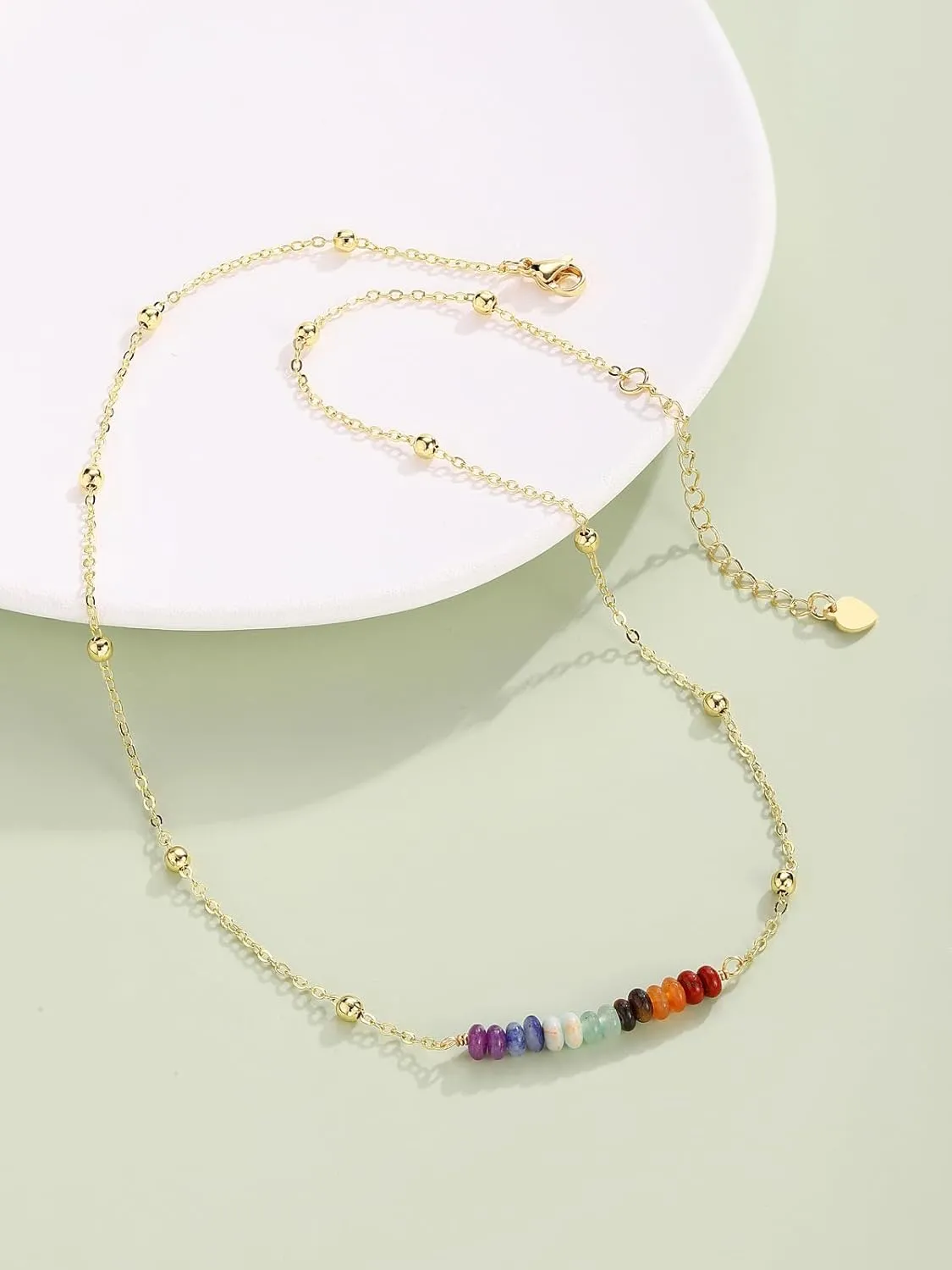 Top Plaza 7 Chakra Crystal Necklace for Women Tiny Natural Gemstone Beads Necklace 14K Gold Plated Healing Stone Necklace Yoga Meditation Jewelry Birthday Gifts