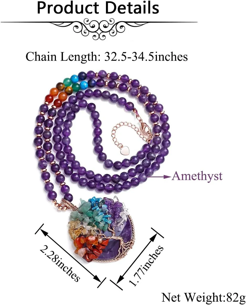 Top Plaza 7 Chakra Healing Crystal Natural Round Gemstone Pendant Necklace Life Tree Copper Wire Wrapped Beads Necklaces Reiki Jewelry for Women