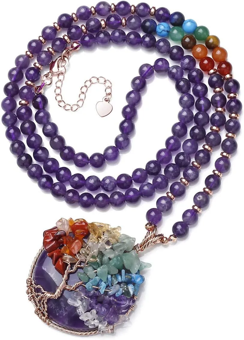 Top Plaza 7 Chakra Healing Crystal Natural Round Gemstone Pendant Necklace Life Tree Copper Wire Wrapped Beads Necklaces Reiki Jewelry for Women