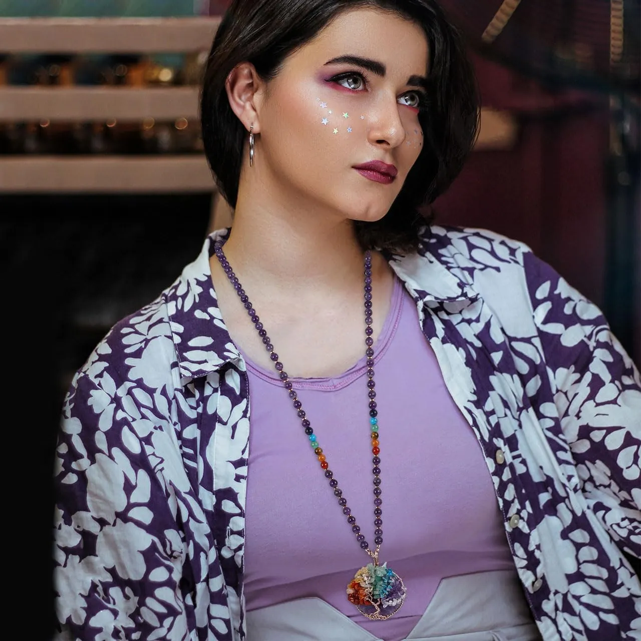 Top Plaza 7 Chakra Healing Crystal Natural Round Gemstone Pendant Necklace Life Tree Copper Wire Wrapped Beads Necklaces Reiki Jewelry for Women