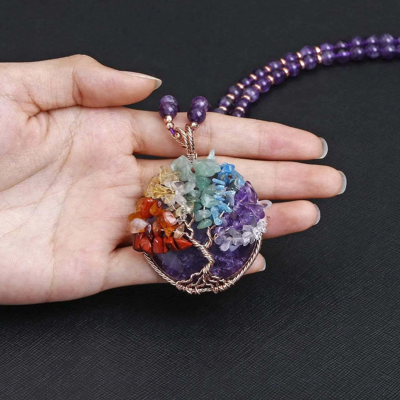 Top Plaza 7 Chakra Healing Crystal Natural Round Gemstone Pendant Necklace Life Tree Copper Wire Wrapped Beads Necklaces Reiki Jewelry for Women