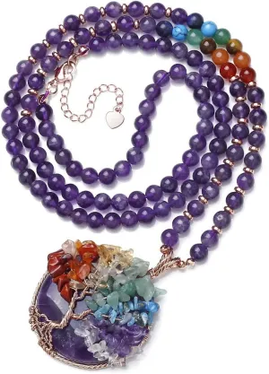 Top Plaza 7 Chakra Healing Crystal Natural Round Gemstone Pendant Necklace Life Tree Copper Wire Wrapped Beads Necklaces Reiki Jewelry for Women