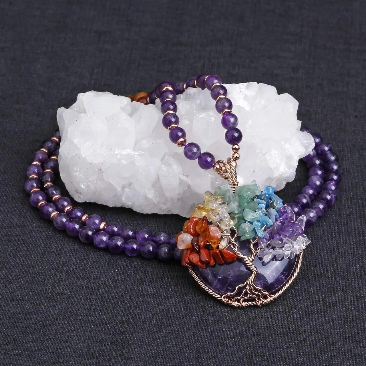 Top Plaza 7 Chakra Healing Crystal Natural Round Gemstone Pendant Necklace Life Tree Copper Wire Wrapped Beads Necklaces Reiki Jewelry for Women