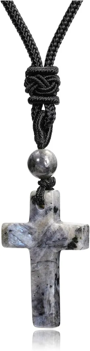 Top Plaza Cross Healing Crystal Stone Necklace for Men Natural Gemstone Adjustable Black Rope Necklace Amulet Spiritual Jewelry Christmas Gifts