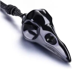 Top Plaza Healing Crystal Stone Necklace Raven Skull Pendant Necklace for Men Carved Gemstone Adjustable Black Cord Necklace Jewelry Christmas Gifts