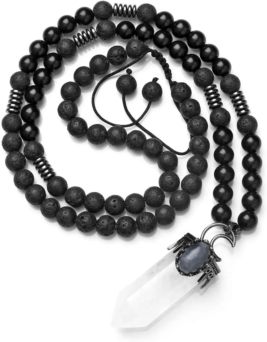 Top Plaza Natural Stone Healing Crystal Clear Quartz Hexagonal Pointed Gemstone Pendant Necklace Crescent Moon Jewelry Adjustable Lava Rock Beads Necklaces for Women Men