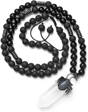 Top Plaza Natural Stone Healing Crystal Clear Quartz Hexagonal Pointed Gemstone Pendant Necklace Crescent Moon Jewelry Adjustable Lava Rock Beads Necklaces for Women Men