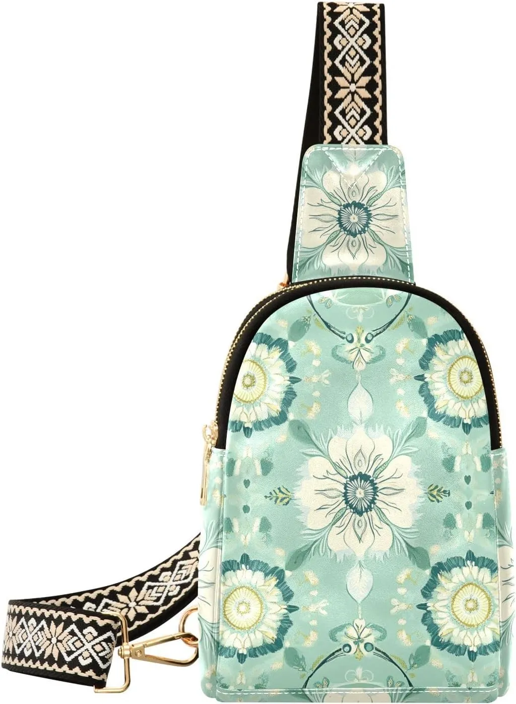 trendy Bohemian Flowers Mandala Pattern sling bag men lightweight brown leather fanny pack for travel