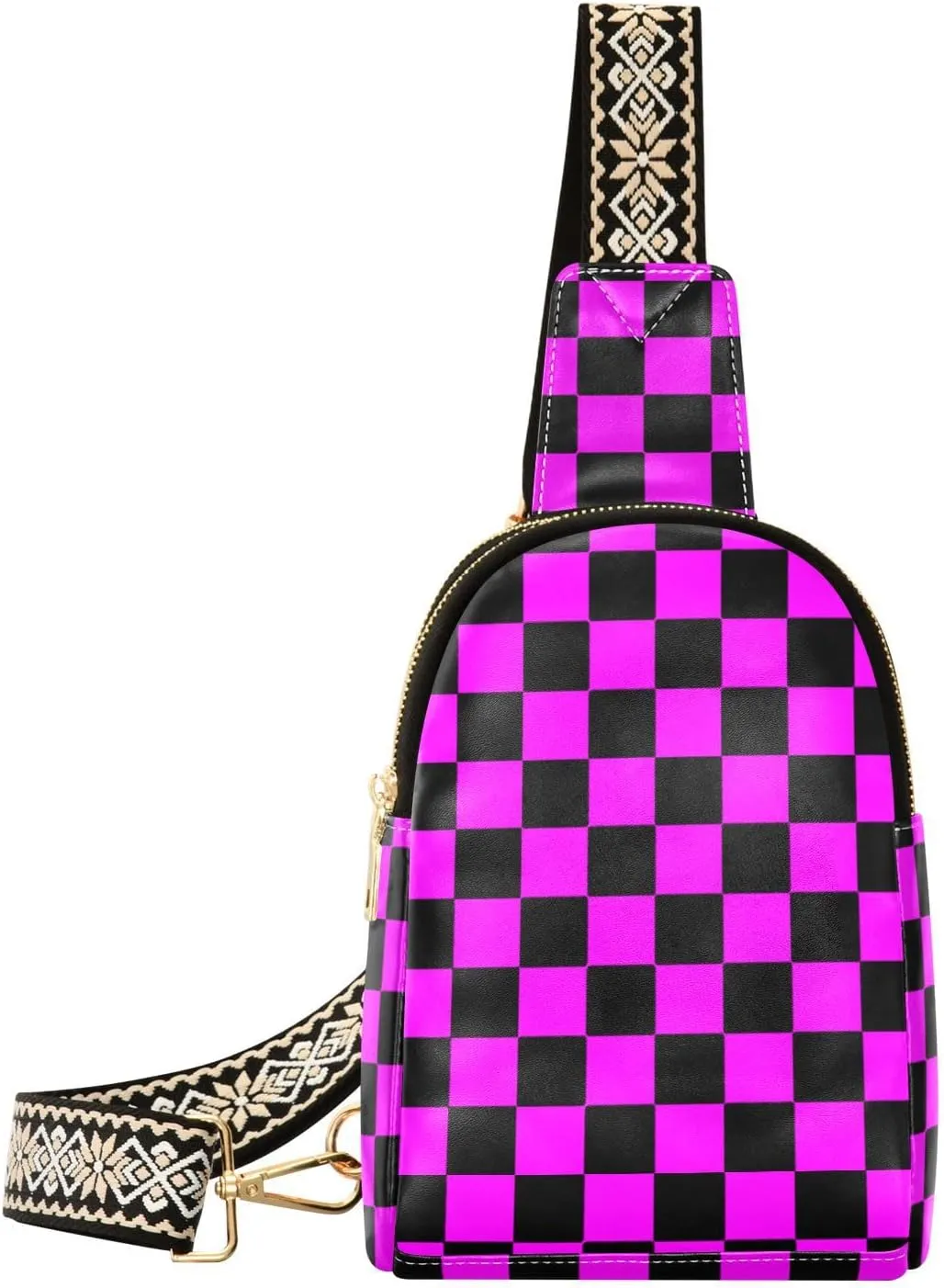 trendy Buffalo Plaid Check Black Magenta crossbody bags leather leather fanny pack crossbody for travel