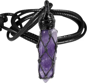 TUMBEELLUWA Hexagonal Crystal Points Pendant Necklace for Unisex Wrapped Stone Wand Pendant with Adjustable Cord