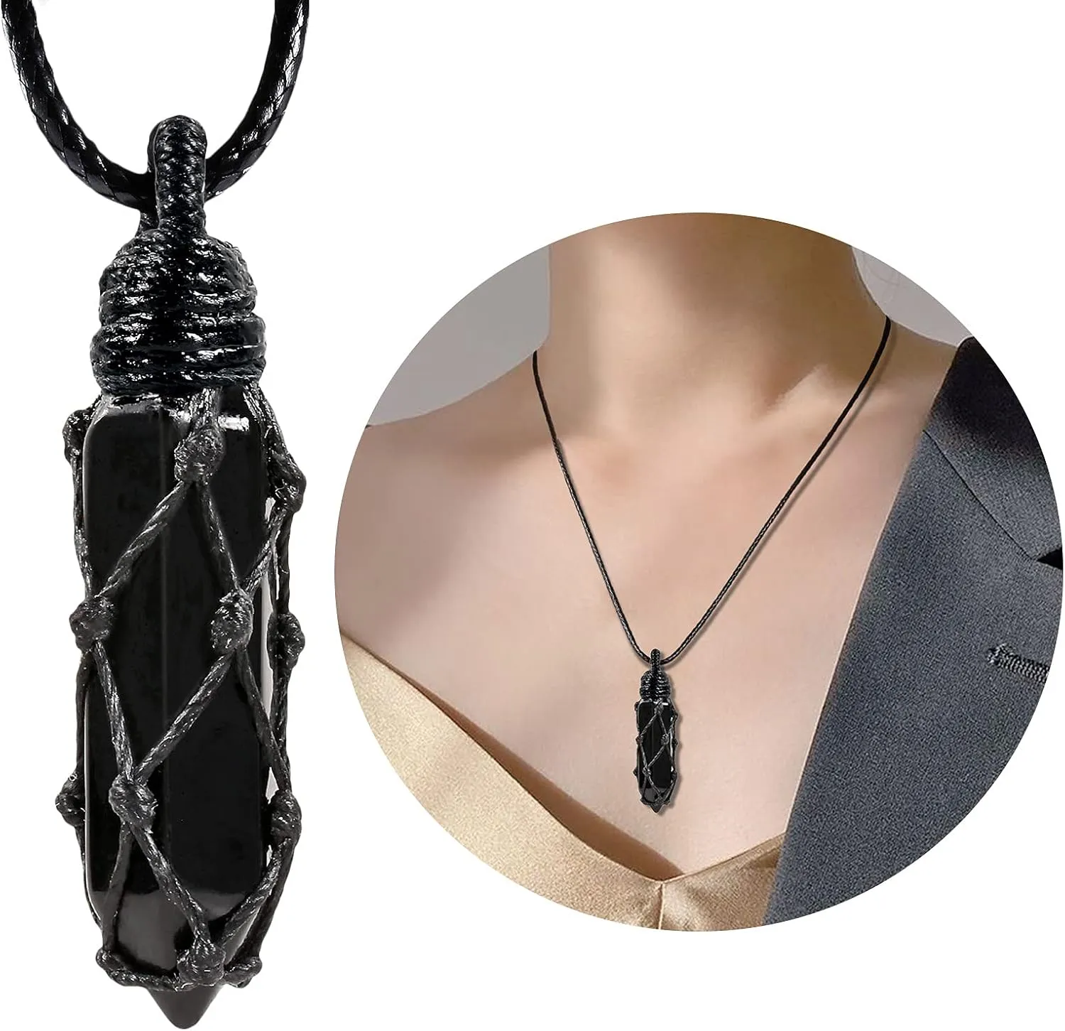 TUMBEELLUWA Hexagonal Crystal Points Pendant Necklace for Unisex Wrapped Stone Wand Pendant with Adjustable Cord