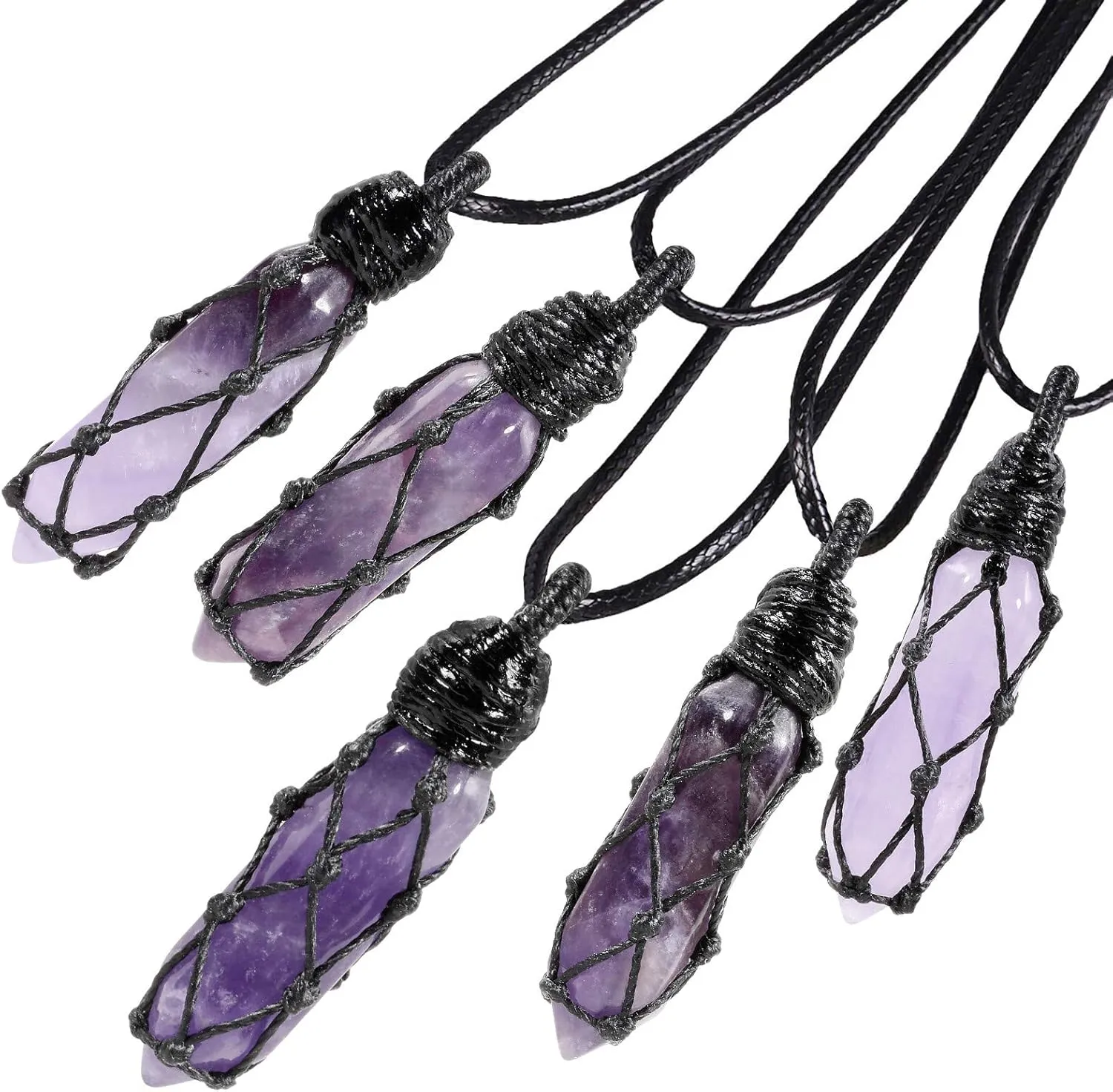 TUMBEELLUWA Hexagonal Crystal Points Pendant Necklace for Unisex Wrapped Stone Wand Pendant with Adjustable Cord