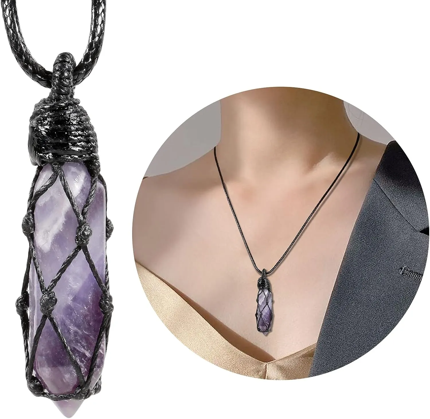 TUMBEELLUWA Hexagonal Crystal Points Pendant Necklace for Unisex Wrapped Stone Wand Pendant with Adjustable Cord