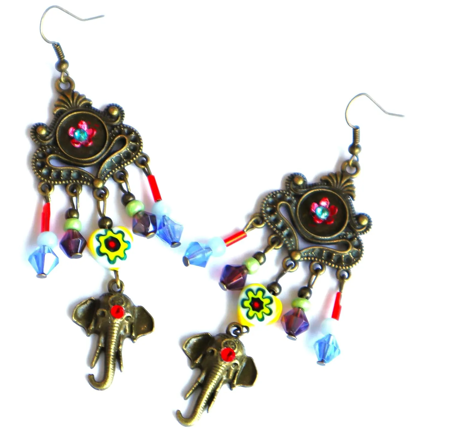 Unique Handmade Long Colorful Antiqued Gold Plated Dangling Beads Elephant Dangle Earrings Eclectic Bohemian Jewelry for Women Teen Girls