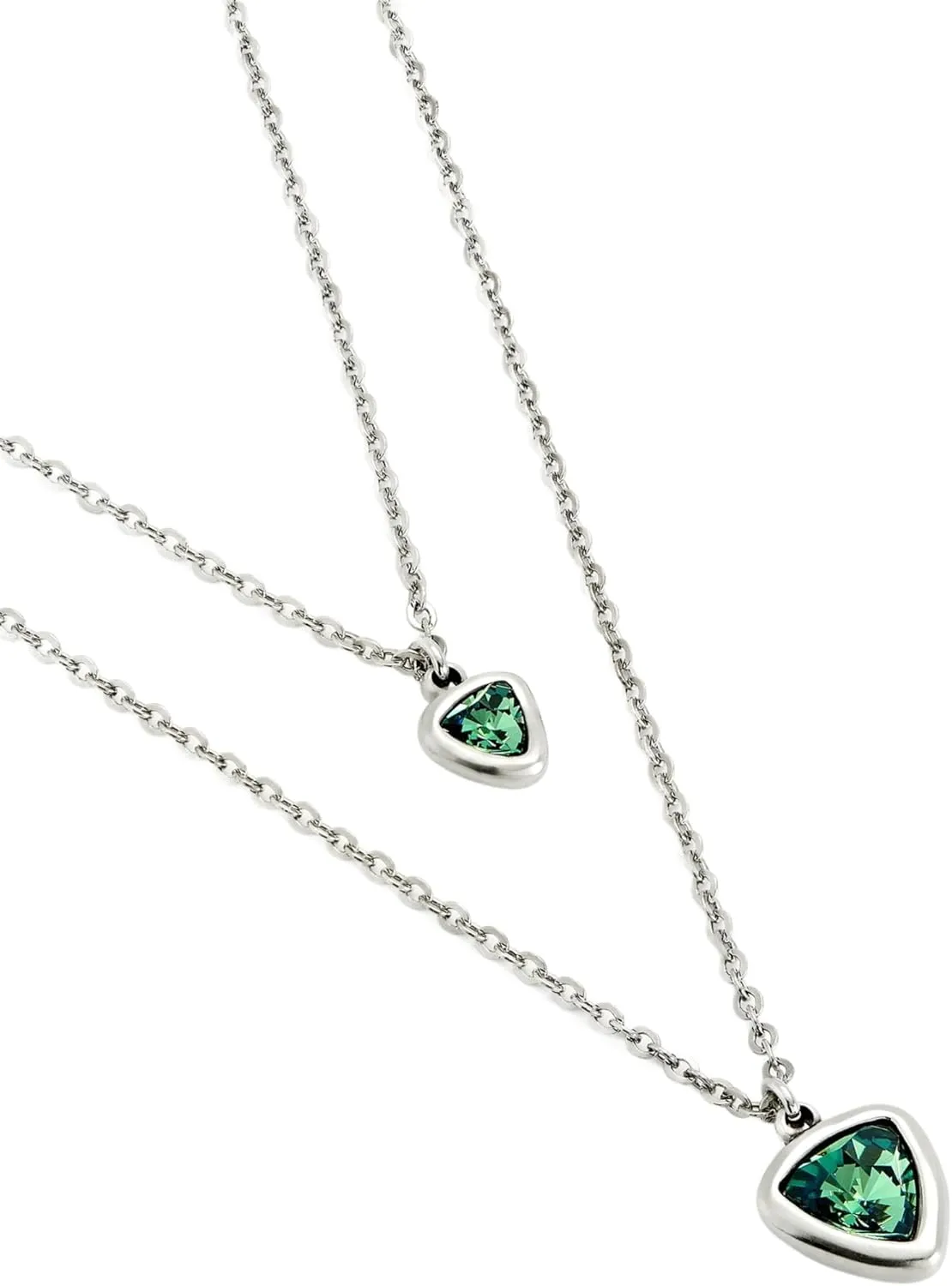 UNOde50 Double 16" & 21" Layer Necklace, Sterling Silver-Plated Chain, Green Faceted Crystal Triangle Pendants, SER CAMALEONICA Collection