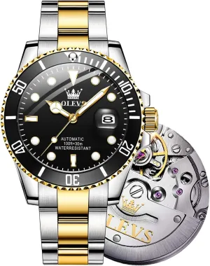 UpgradeOLEVS Men's Automatic Watches,Classic Business Big Face Self Winding Mechanical Watch with Date,Luxury Unidirectional Rotating Bezel Waterproof Large Luminous Pointer Watch for Men,Gold Silver Band
