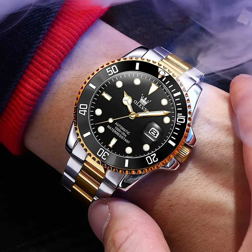 UpgradeOLEVS Men's Automatic Watches,Classic Business Big Face Self Winding Mechanical Watch with Date,Luxury Unidirectional Rotating Bezel Waterproof Large Luminous Pointer Watch for Men,Gold Silver Band