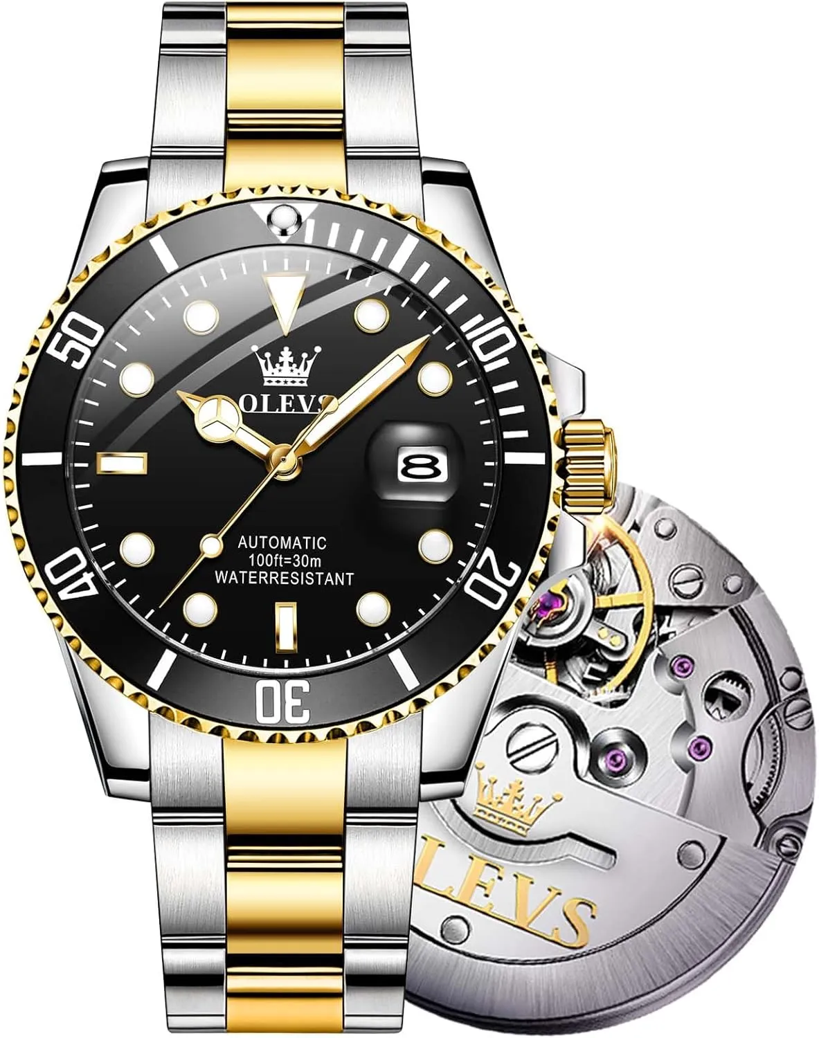 UpgradeOLEVS Men's Automatic Watches,Classic Business Big Face Self Winding Mechanical Watch with Date,Luxury Unidirectional Rotating Bezel Waterproof Large Luminous Pointer Watch for Men,Gold Silver Band