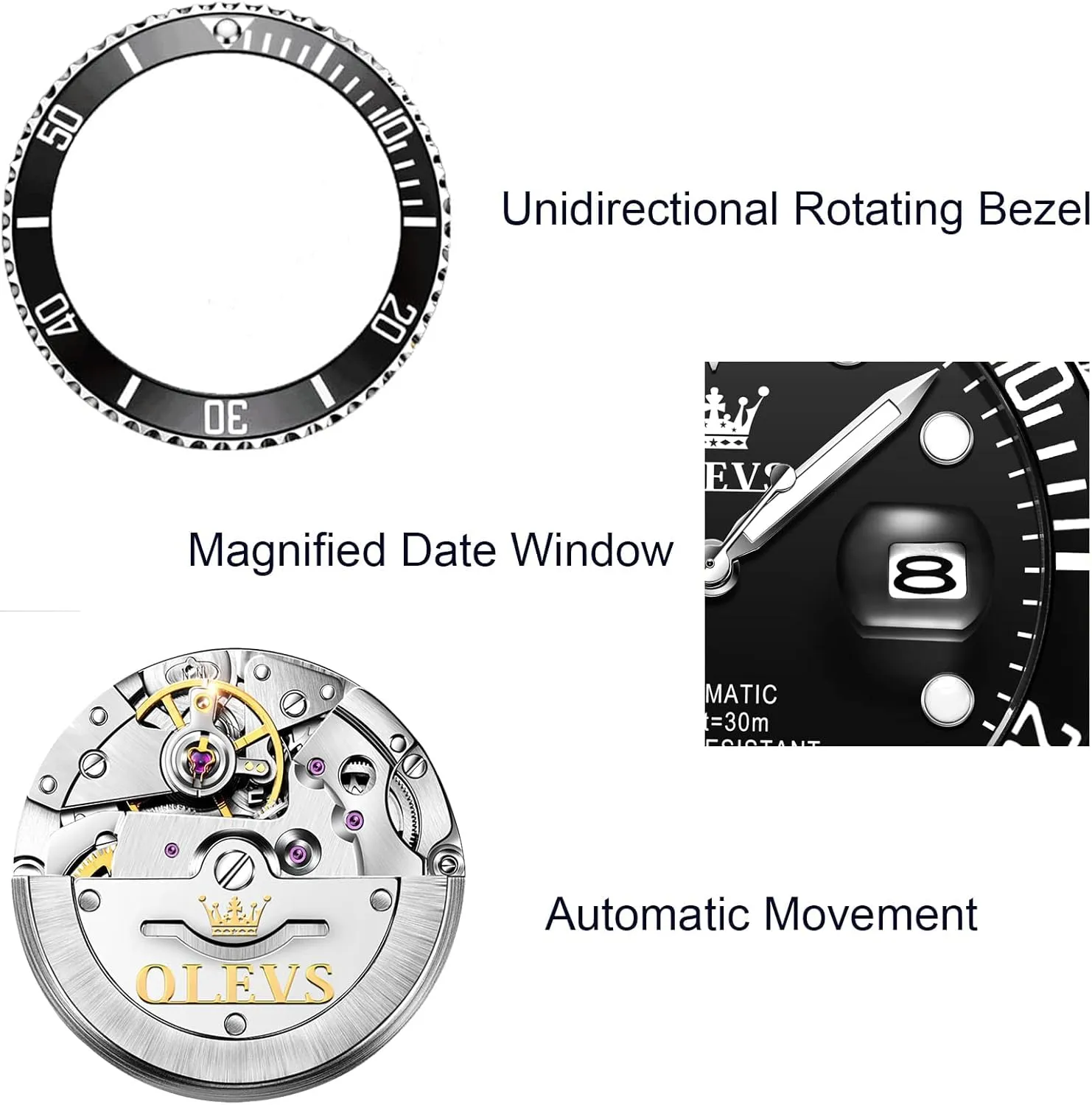 UpgradeOLEVS Men's Automatic Watches,Classic Business Big Face Self Winding Mechanical Watch with Date,Luxury Unidirectional Rotating Bezel Waterproof Large Luminous Pointer Watch for Men,Gold Silver Band