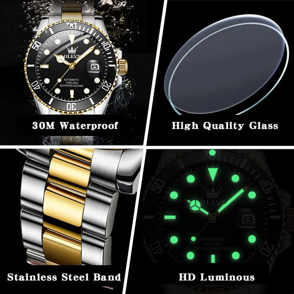 UpgradeOLEVS Men's Automatic Watches,Classic Business Big Face Self Winding Mechanical Watch with Date,Luxury Unidirectional Rotating Bezel Waterproof Large Luminous Pointer Watch for Men,Gold Silver Band