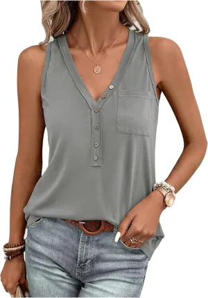 V Neck Tank Tops for Women Summer Casual Button Down Sleeveless T Shirts Casual Loose Tops Clothes Outfits