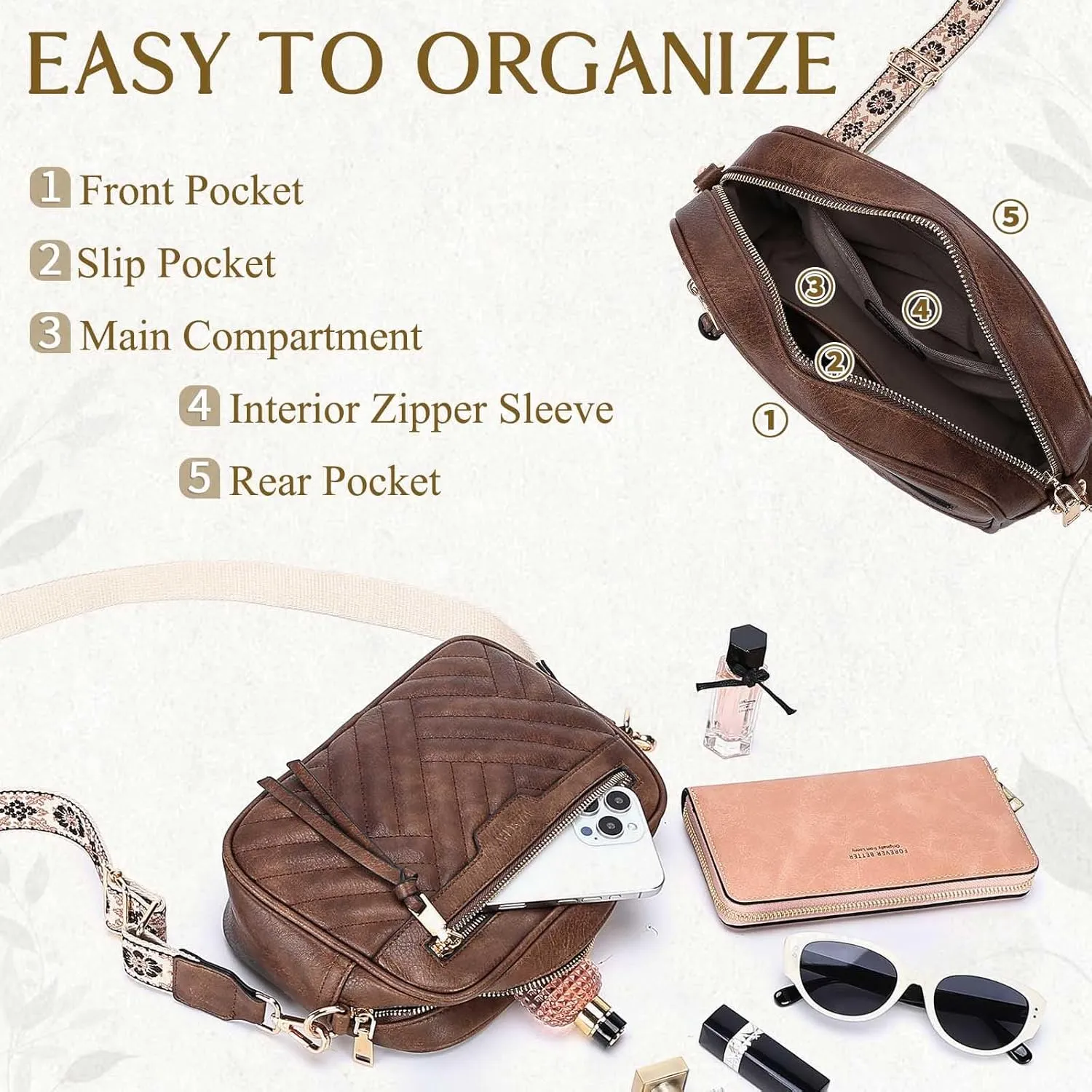 VASCHY Crossbody Purse Bags Women, Trendy Vegan Leather Quilted Chevron Small Shoulder Bag with Detachable Guitar Strap