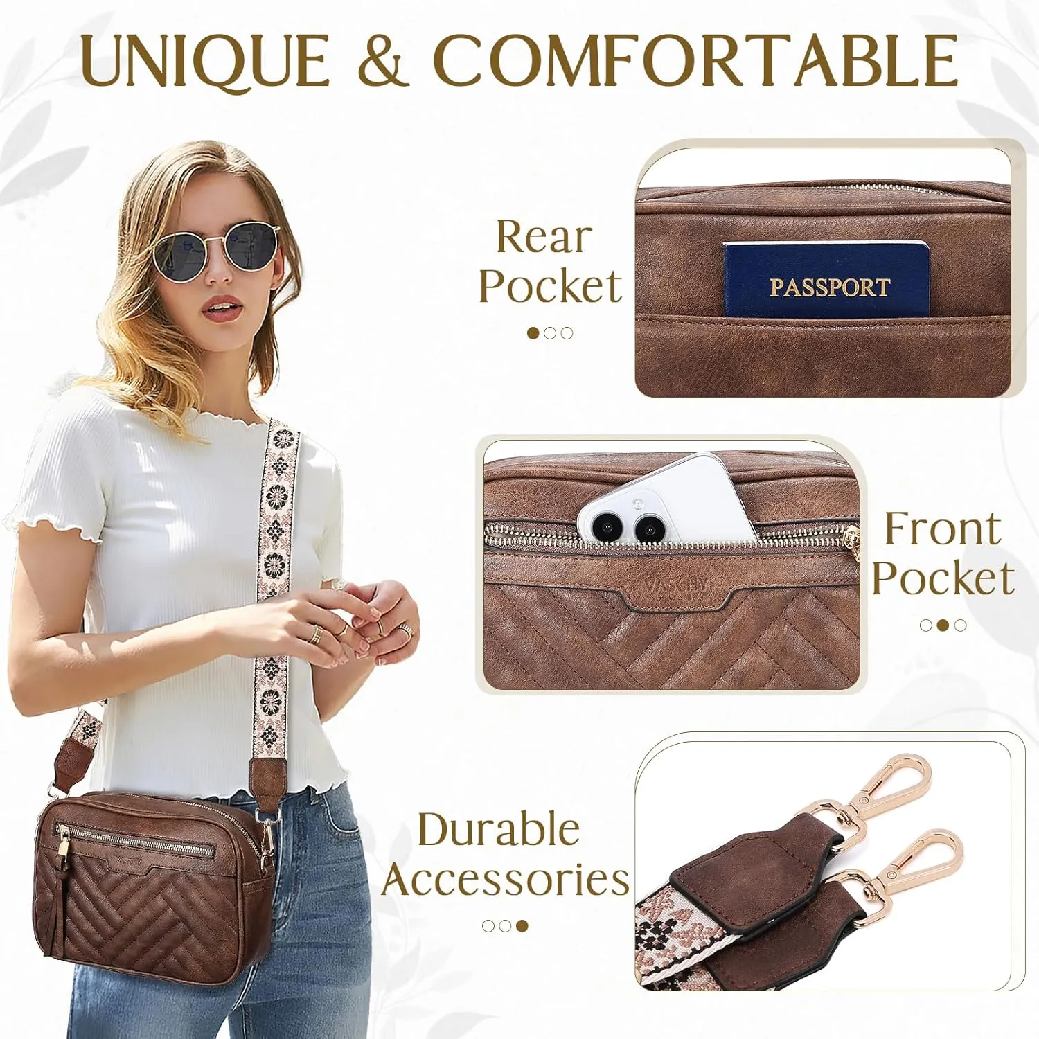 VASCHY Crossbody Purse Bags Women, Trendy Vegan Leather Quilted Chevron Small Shoulder Bag with Detachable Guitar Strap