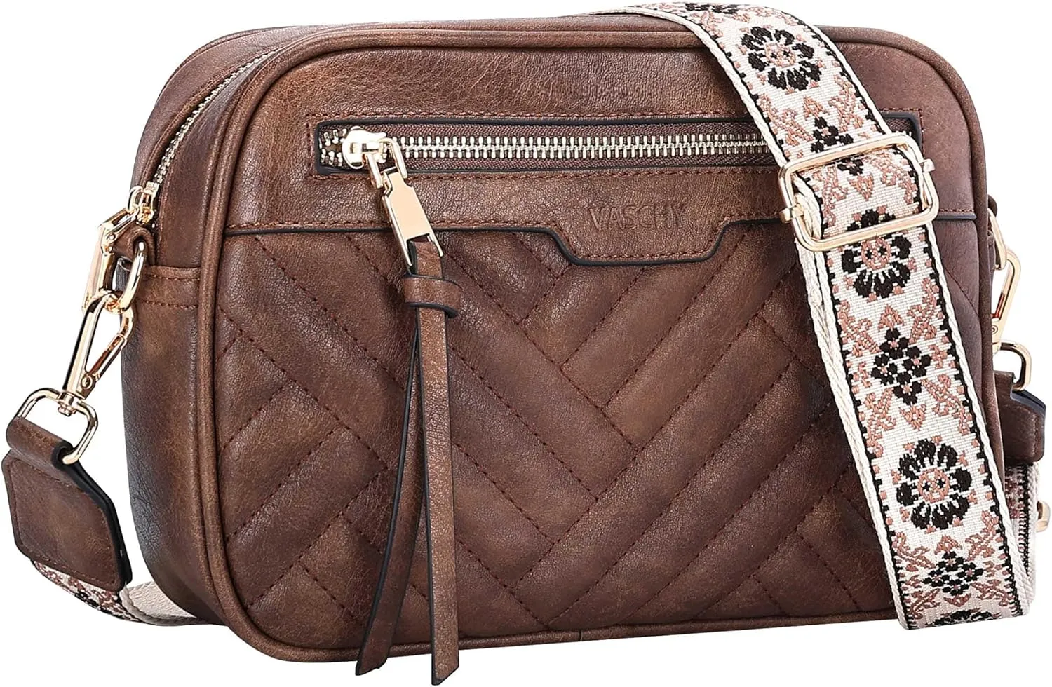 VASCHY Crossbody Purse Bags Women, Trendy Vegan Leather Quilted Chevron Small Shoulder Bag with Detachable Guitar Strap