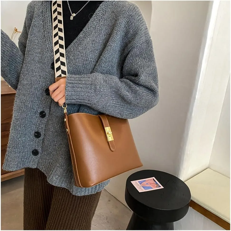 Vegan Leather Crossbody Bag for Women Hobo Bucket Satchel Bag with Guitar Strap Shoulder Bucket Handbag Purse