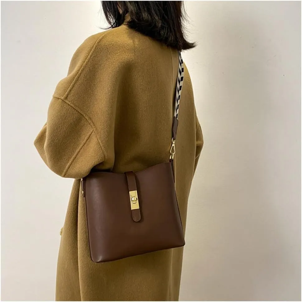 Vegan Leather Crossbody Bag for Women Hobo Bucket Satchel Bag with Guitar Strap Shoulder Bucket Handbag Purse