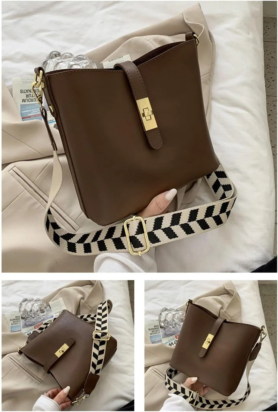 Vegan Leather Crossbody Bag for Women Hobo Bucket Satchel Bag with Guitar Strap Shoulder Bucket Handbag Purse