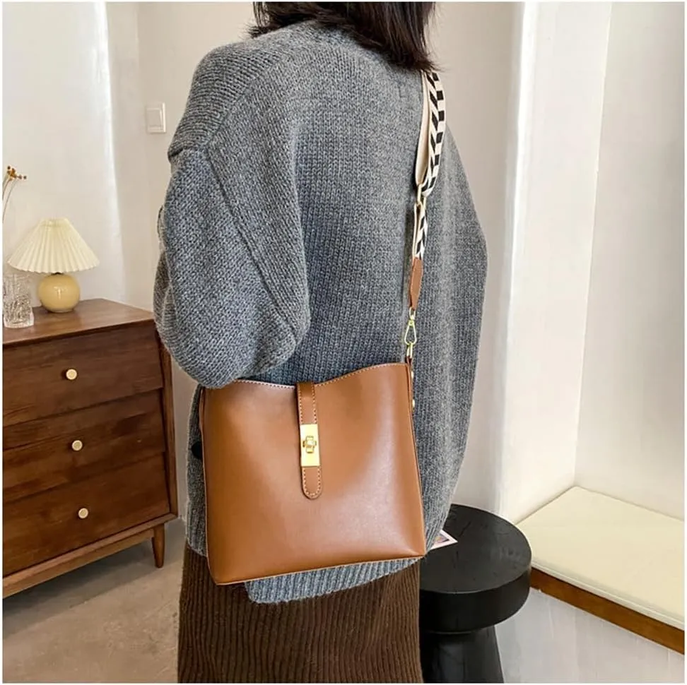 Vegan Leather Crossbody Bag for Women Hobo Bucket Satchel Bag with Guitar Strap Shoulder Bucket Handbag Purse