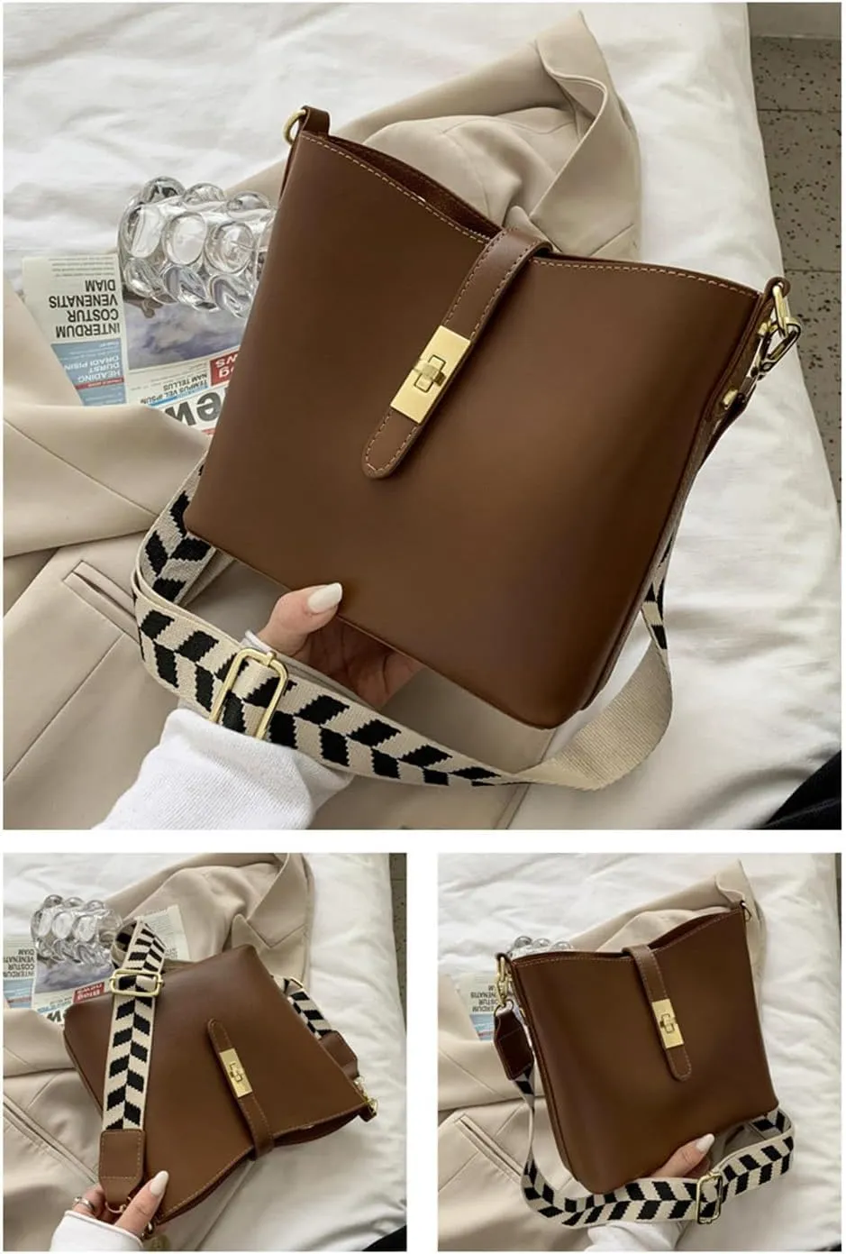 Vegan Leather Crossbody Bag for Women Hobo Bucket Satchel Bag with Guitar Strap Shoulder Bucket Handbag Purse