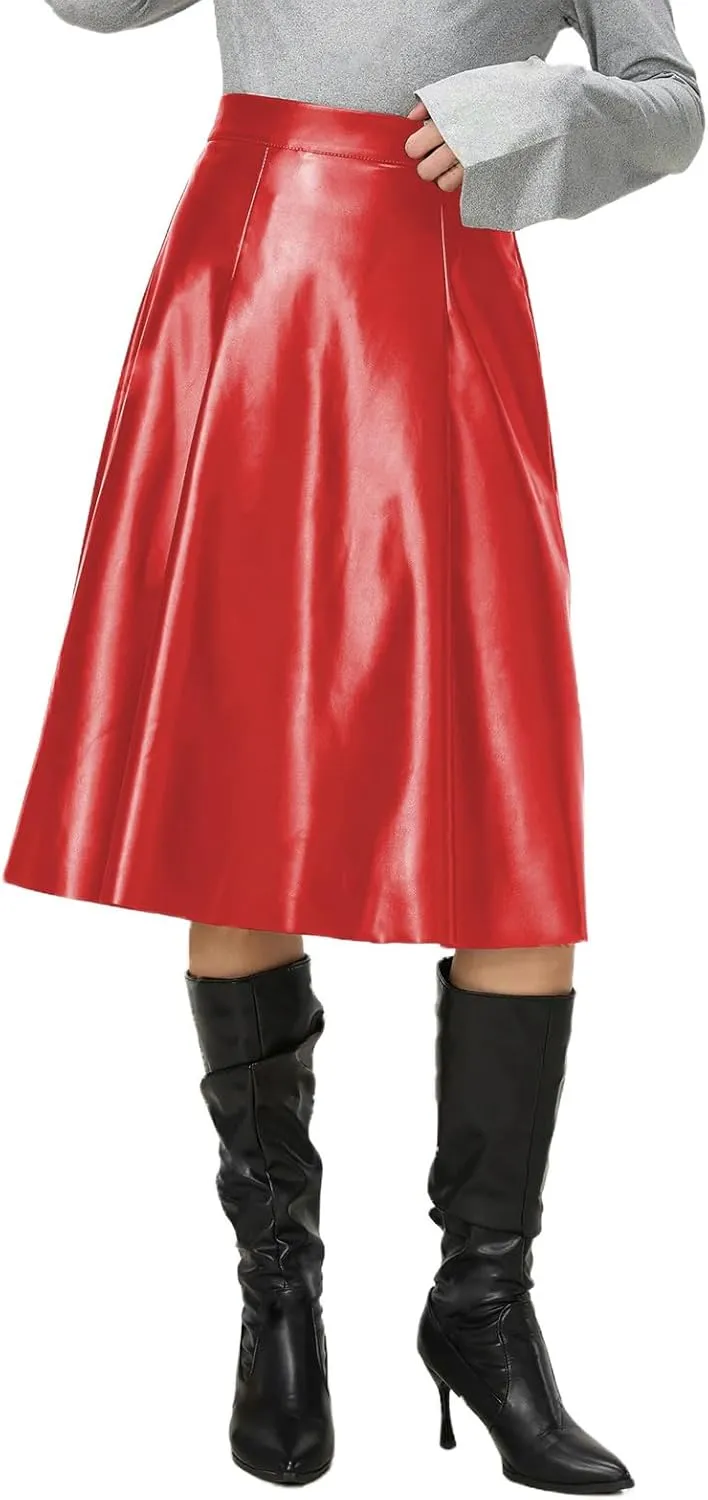 Viatabuna Womens Faux Leather Skirt High Waist Back Zipper Loose A Line Pleated PU Leather Midi Skirt Flare Casual Skirt