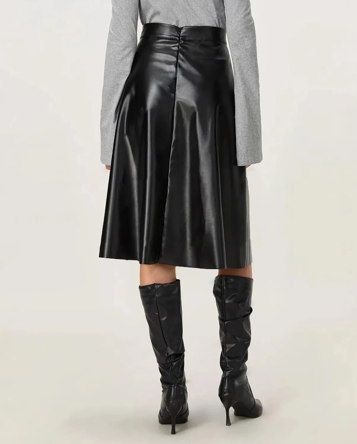 Viatabuna Womens Faux Leather Skirt High Waist Back Zipper Loose A Line Pleated PU Leather Midi Skirt Flare Casual Skirt