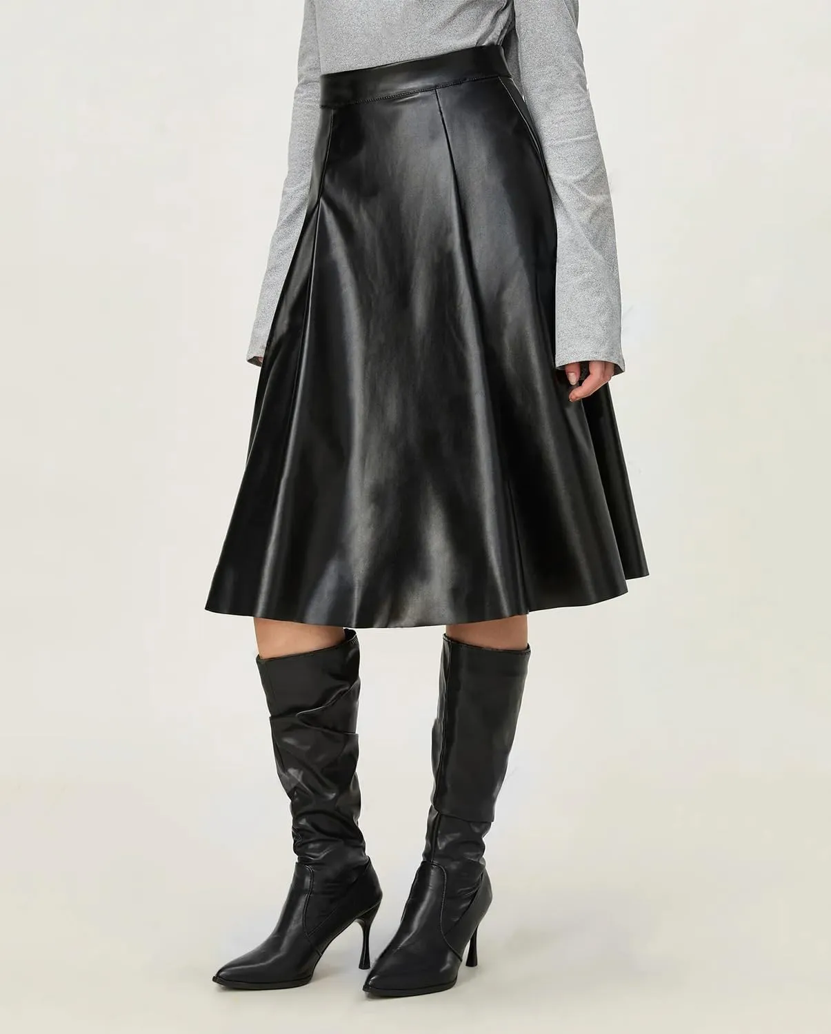 Viatabuna Womens Faux Leather Skirt High Waist Back Zipper Loose A Line Pleated PU Leather Midi Skirt Flare Casual Skirt