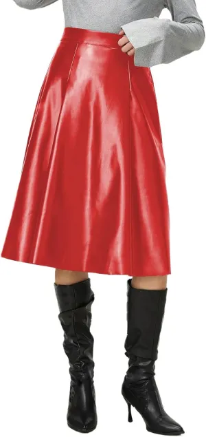 Viatabuna Womens Faux Leather Skirt High Waist Back Zipper Loose A Line Pleated PU Leather Midi Skirt Flare Casual Skirt