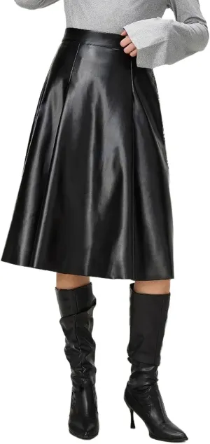 Viatabuna Womens Faux Leather Skirt High Waist Back Zipper Loose A Line Pleated PU Leather Midi Skirt Flare Casual Skirt