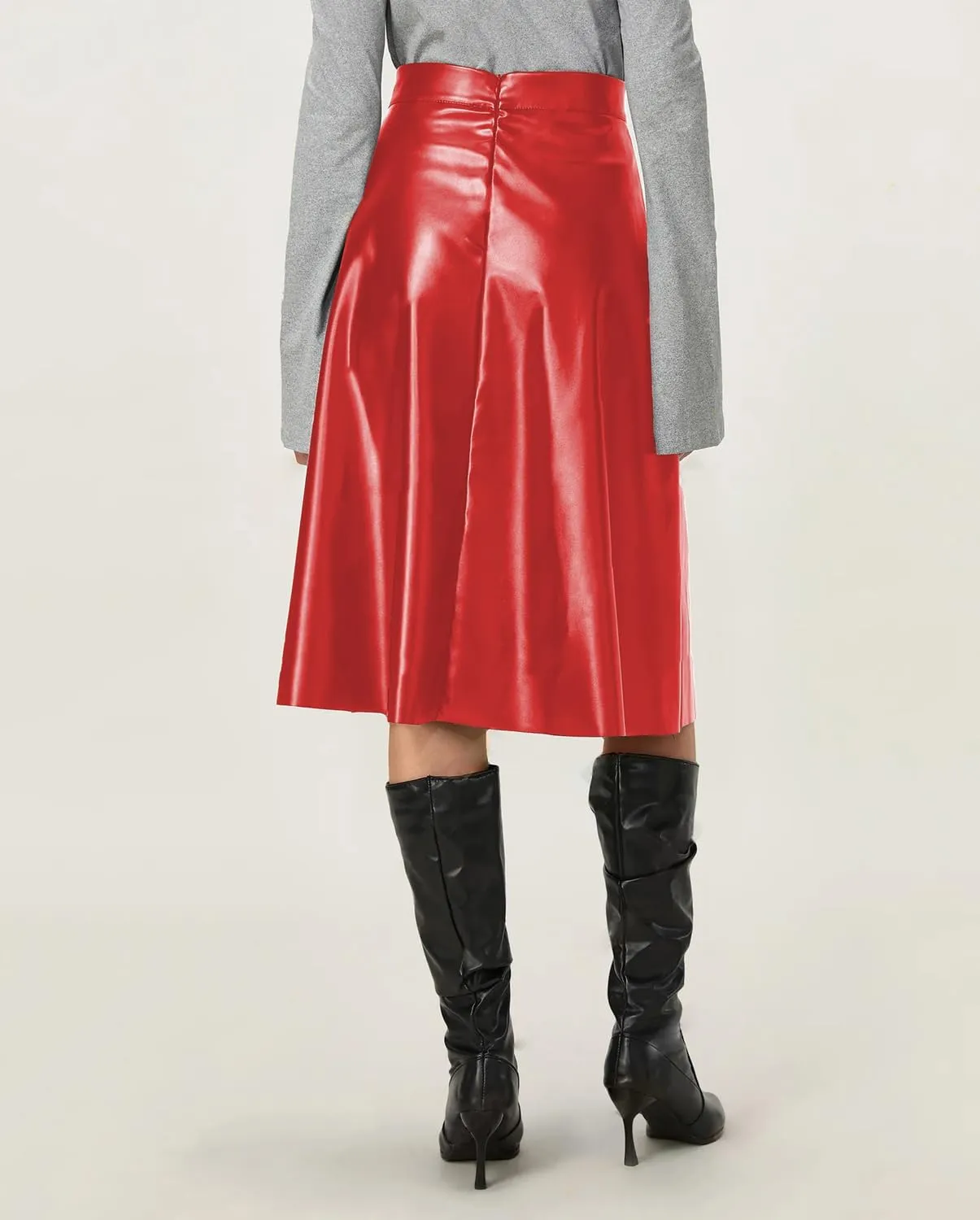 Viatabuna Womens Faux Leather Skirt High Waist Back Zipper Loose A Line Pleated PU Leather Midi Skirt Flare Casual Skirt