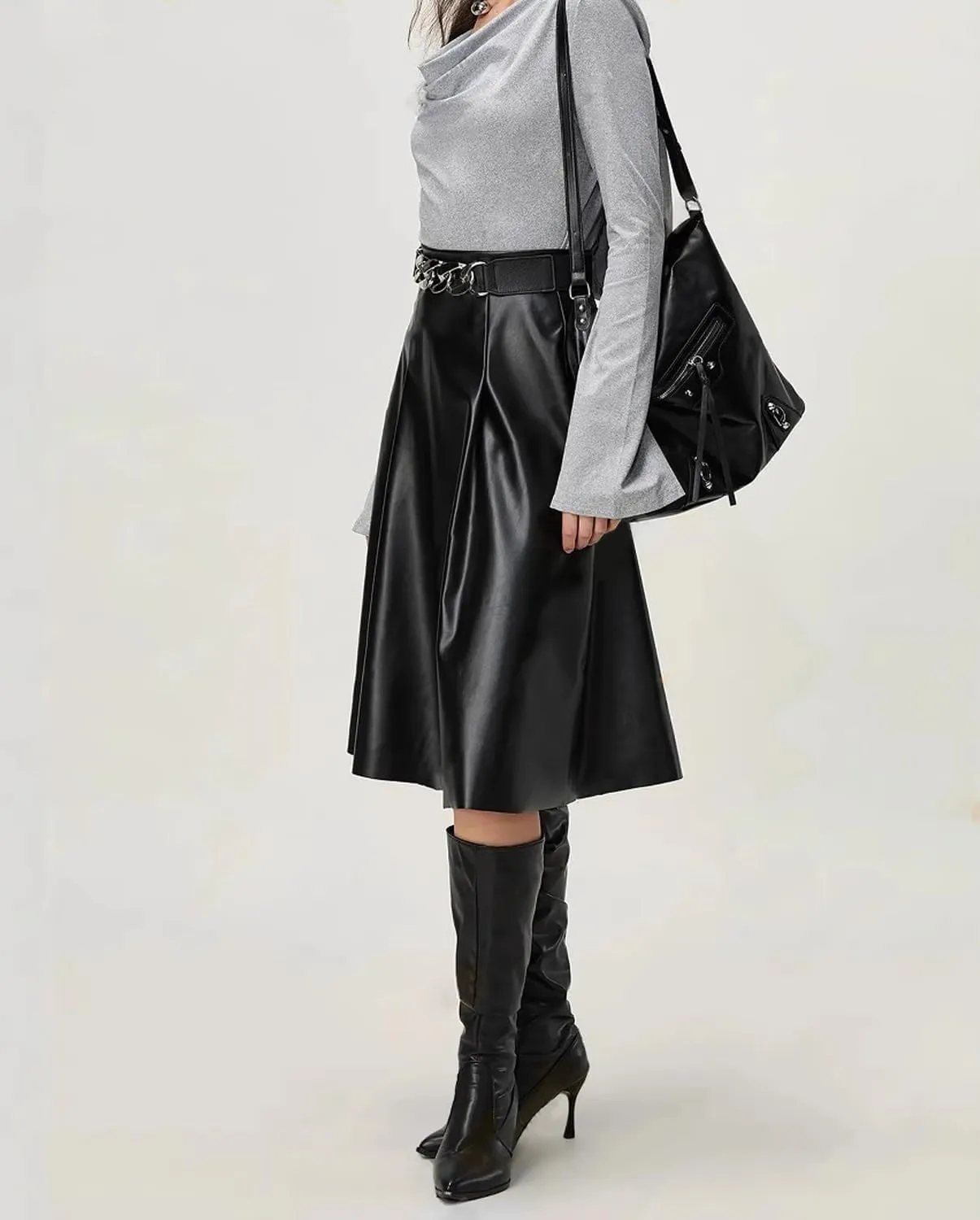 Viatabuna Womens Faux Leather Skirt High Waist Back Zipper Loose A Line Pleated PU Leather Midi Skirt Flare Casual Skirt