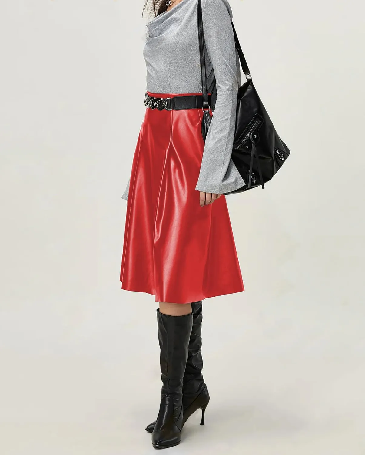 Viatabuna Womens Faux Leather Skirt High Waist Back Zipper Loose A Line Pleated PU Leather Midi Skirt Flare Casual Skirt
